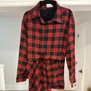 Kate Hewko Black / Red Plaid Long Shirt / Mini Dress w/ attached tank - Size L